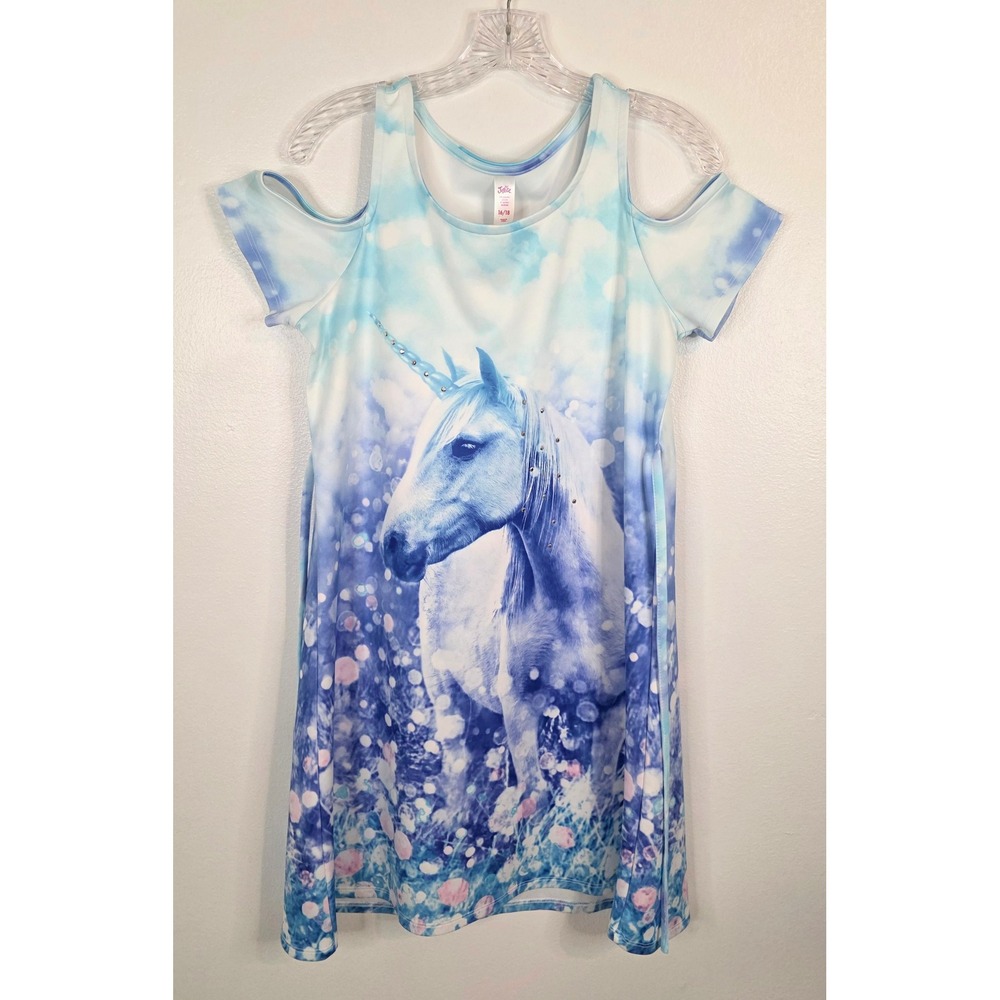 Justice Girls Blue Unicorn Cold Shoulder Dress Rhinestone Accents Size 16/18